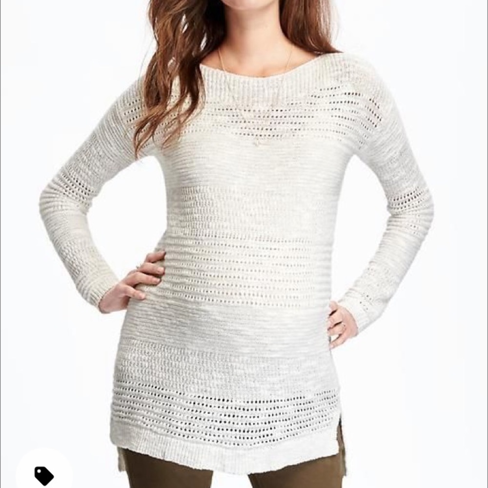 Relaxed Boat Neck Open Knit Ivory Sweater